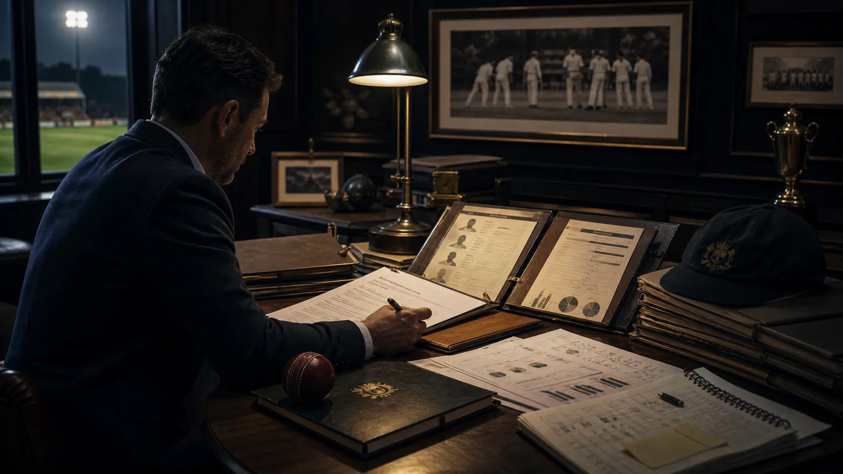 A cricket club manager reviewing contracts, scouting documents, and club papers in a dark heritage office.