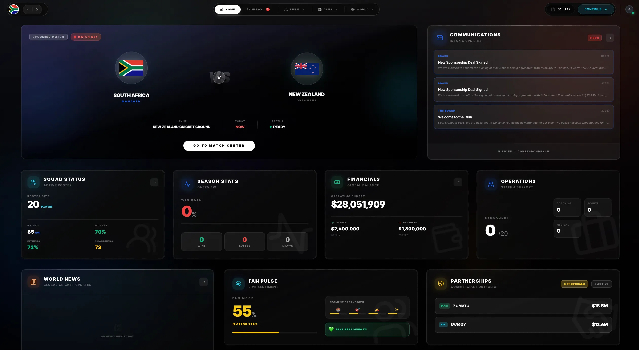SELECT ELEVEN club dashboard showing a cricket management interface with navigation, fixtures, inbox, team, club, and world sections.