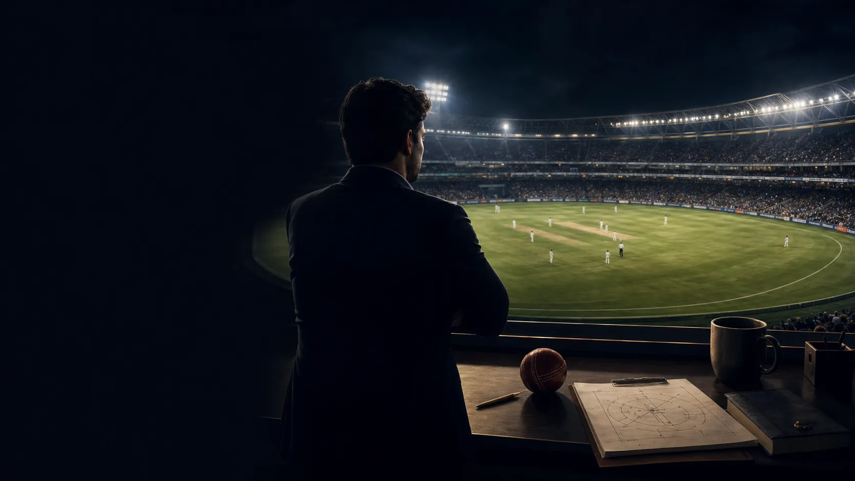 A cricket manager overlooking a floodlit pitch with field settings, squad notes, and a tactics board.