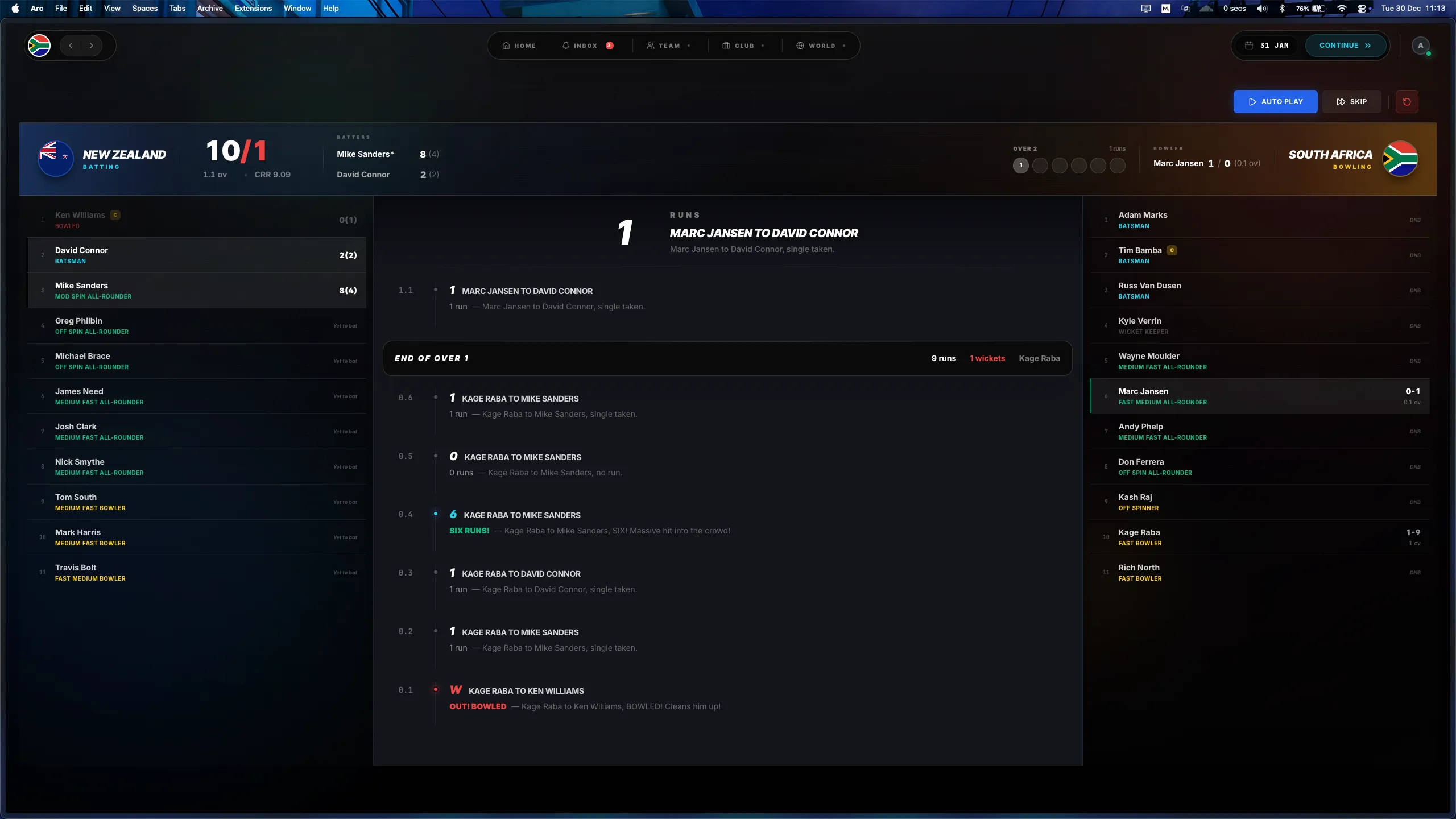 SELECT ELEVEN live match screen showing New Zealand batting against South Africa with score, ball-by-ball commentary, batting order, and bowling figures.