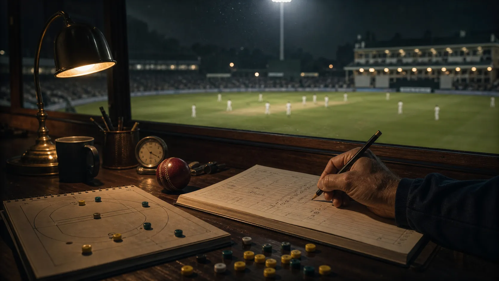 A scorer's desk beside a floodlit cricket ground, with a scorebook, field tokens, pencil, stopwatch, and cricket ball.