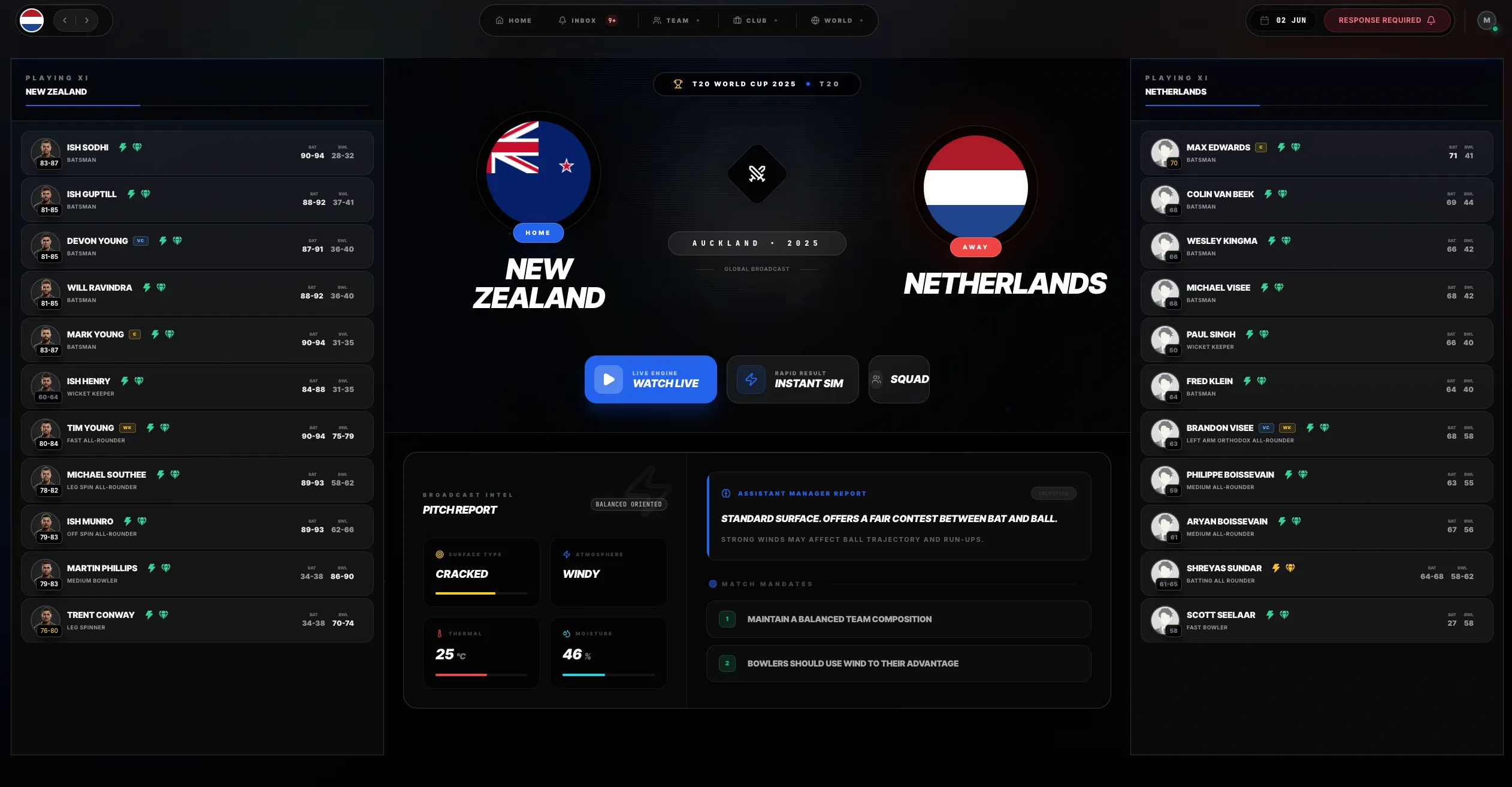 SELECT ELEVEN pre-match screen with squad lists, player roles, national flags, and a cricket team selection interface.