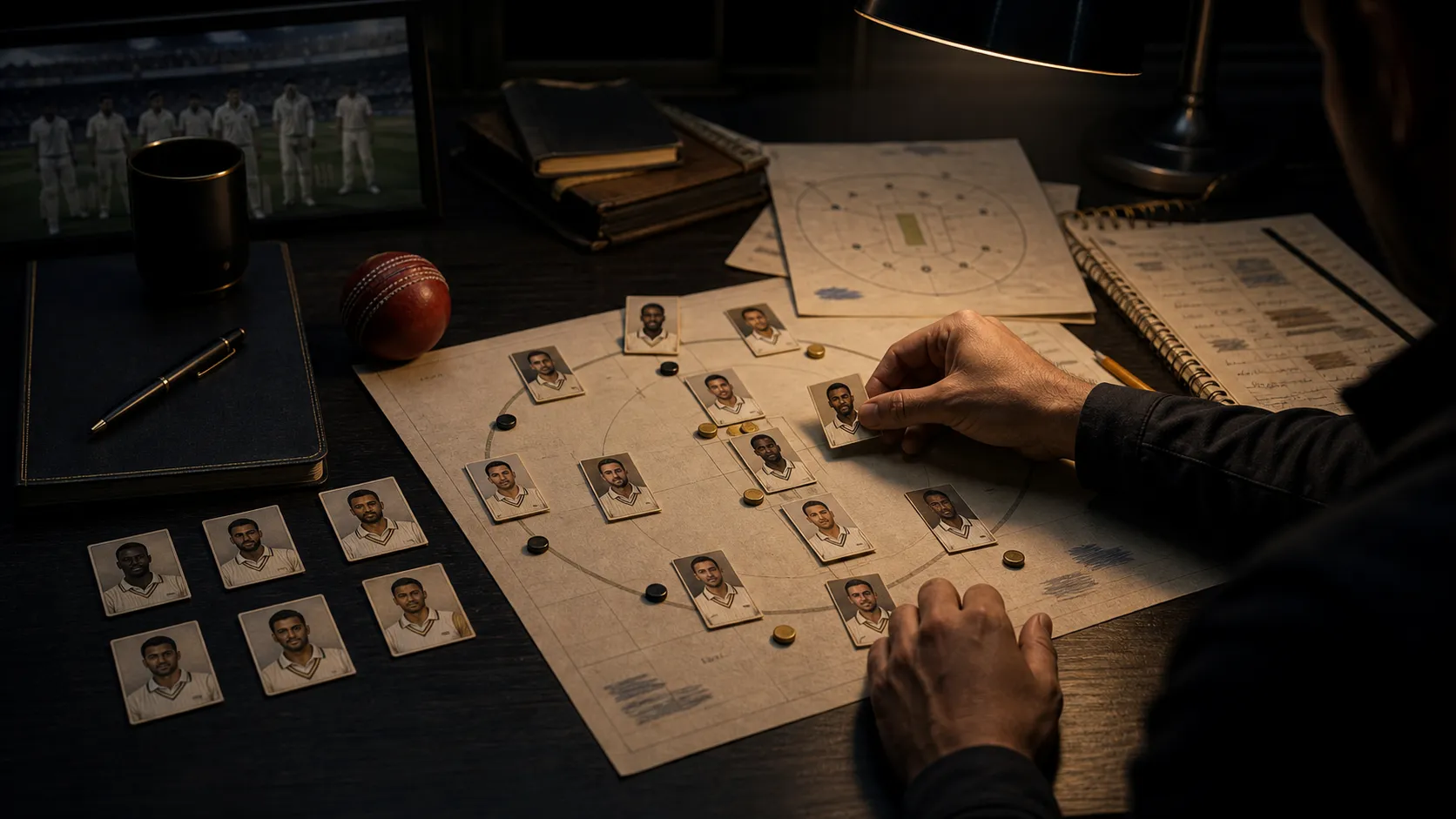 A cricket manager arranging player cards and field markers on a paper tactics board in a dark selection room.