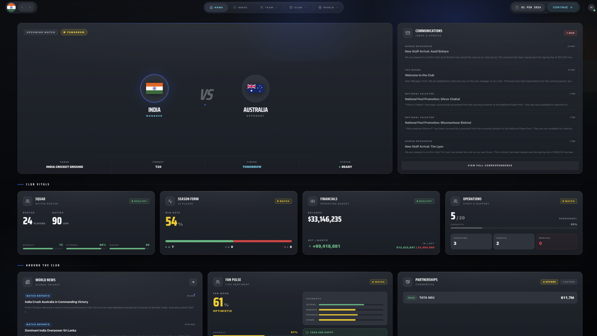 SELECT ELEVEN club dashboard showing match schedule, communications, squad vitals, finances, operations, fan pulse, and partnerships.