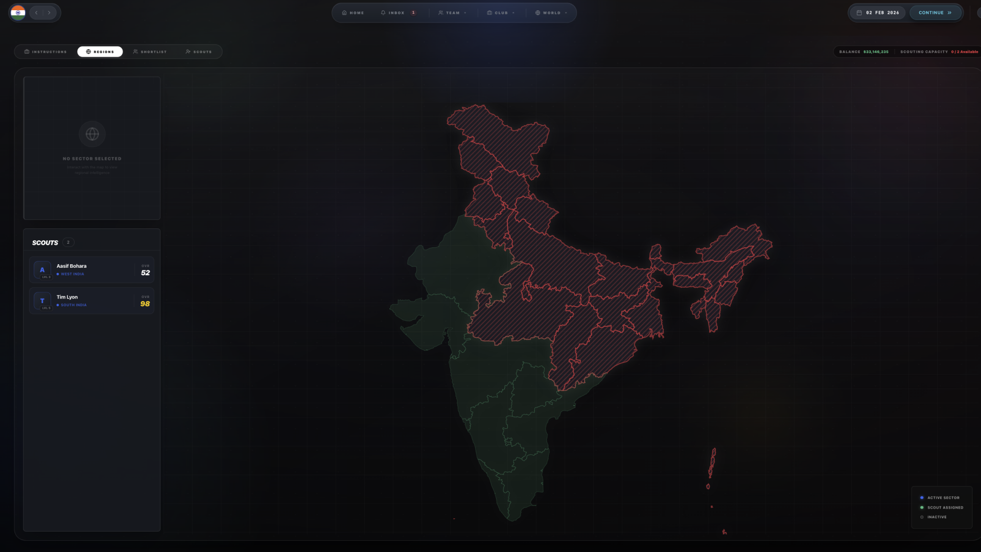 SELECT ELEVEN scouting regions screen showing a map of India with assigned scouts and inactive regions.